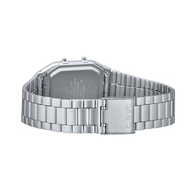 Casio AQ-230A-7AMQYES Watch in silver stainless steel, rear view showing link bracelet and rectangular case profile