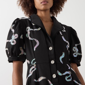 Ripple Bow Embellished Shirt Dress