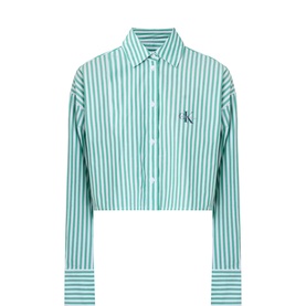 Calvin Klein Stripe Monogram Pyjama Top in green, cropped fit, collared neckline, button fastening, long sleeves with buttoned cuffs
