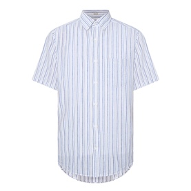 Gant Reg Shirt in vintage blue stripe, short-sleeve linen cotton blend, button-down collar, relaxed curved hem