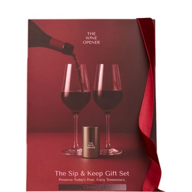 The Wine Opener Sip & Keep Gift Set Chrome in silver, gift box with two red wine glasses and wine preserver, red ribbon accent