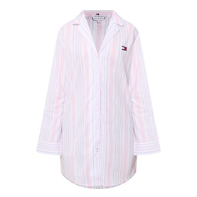 Tommy Hilfiger Flag Stripe Night Dress in Classic Pink Multi Stripe, notched lapels, long sleeves, curved hem, embroidered flag logo