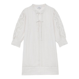 Reiss white mini dress with broderie anglaise sleeves, pintuck front detail, tie neck, and relaxed silhouette