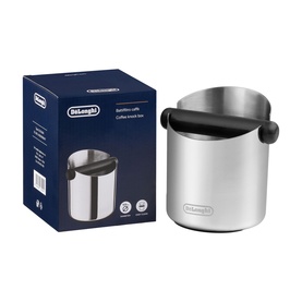 DeLonghi Coffee Knock Box in silver stainless steel with black bar, shown with navy branded packaging box