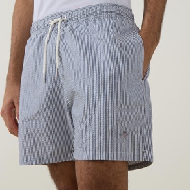 Shield Logo Seersucker Striped Swim Shorts