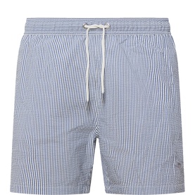 Shield Logo Seersucker Striped Swim Shorts