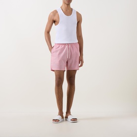 Shield Logo Seersucker Striped Swim Shorts