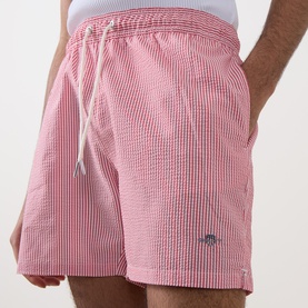 Shield Logo Seersucker Striped Swim Shorts