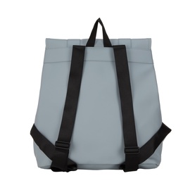Rains MSN Waterproof Backpack in Pool blue, rear view showing black adjustable shoulder straps and top carry handle