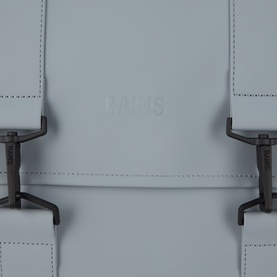 Rains MSN Waterproof Backpack in Pool, close-up of gunmetal carabiner closure and stitched detail on light blue polyester fabric.