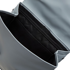 Rains MSN Waterproof Backpack in Pool, open interior view showing black fabric lining and organised compartment space