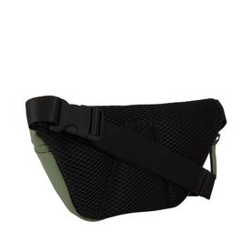Rains Bum Bag in Well green and black mesh, black buckle clasp, adjustable crossbody strap, structured base