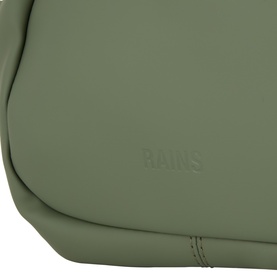 Rains Bum Bag in olive green, close-up showing debossed logo and smooth matte polyester surface with stitched edge detail.