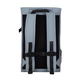 Rains Trail Mountaineer Bag in Pool, rear view showing padded mesh back panel, adjustable shoulder straps, chest strap and black hardware