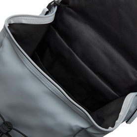 Rains Trail Mountaineer Bag in Pool, open top view showing black interior lining with multiple compartments and zip fastening detail.