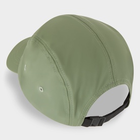 Rains Cap in sage green polyester, rear view showing structured panels and black adjustable clip fastening