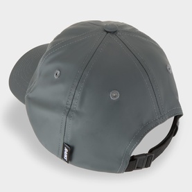 Rains Cap in dark grey waterproof polyester, rear view showing adjustable black strap and woven label tab.