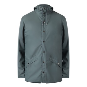 Rains Dark Grey casual jacket with attached hood, snap-button fastening, and flap pockets, in waterproof matte finish