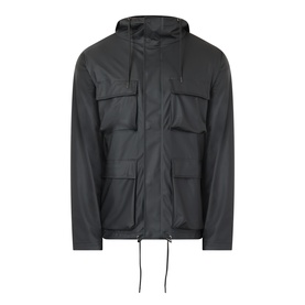 Rains black casual jacket with attached hood, multiple front pockets, and drawstring hem