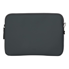Rains Laptop Case in dark grey, zip closure, smooth matte finish, structured rectangular silhouette