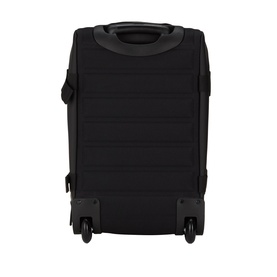 Rains black polyester suitcase, rear view showing structured panel detailing, carry handle, and four spinner wheels