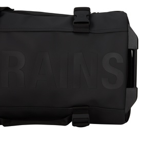 Rains black polyester suitcase, close-up showing embossed logo lettering and top carry handle with clip fastening