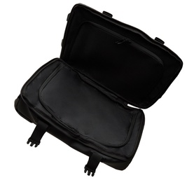 Rains black polyester suitcase, open top view showing padded interior compartment and four spinner wheels