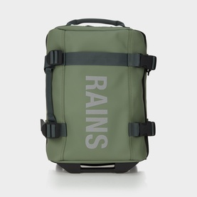 Rains suitcase in olive green with dark buckle straps, bold logo print, and roller wheels
