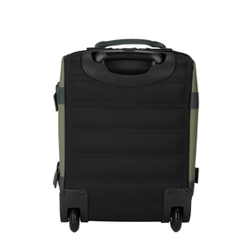 Rains suitcase in olive green and black, rear view showing carry handle, two wheels, and padded panel detail