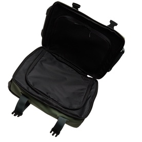Rains suitcase in olive green, open to reveal padded black interior with organiser pocket and four spinner wheels visible