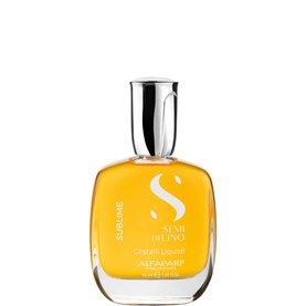 Alfaparf Semi Di Lino Cristalli Liquidi hair treatment, 50ml bottle with silver cap and yellow liquid formula
