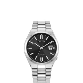 Citizen Tsuyosa Watch NJ0150-56E in silver stainless steel with black sunray dial, date window, and integrated bracelet