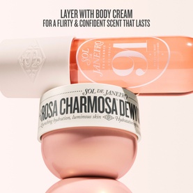 Sol De Janeiro Cheirosa 91 Perfume Mist body mist shown with Rosa Charmosa Dew body cream, layering fragrance routine
