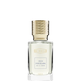 EX NIHILO Iris Porcelana Eau de Parfum 50ml, clear rectangular bottle with gold textured cap
