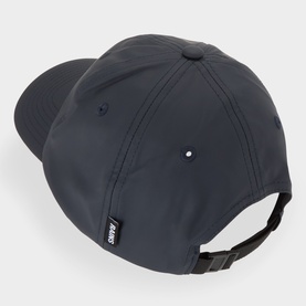 Rains navy polyester cap, rear view showing structured crown, adjustable back strap and small logo label