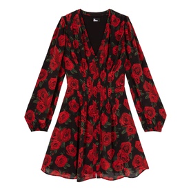 Pleated Rose Print Mini Dress
