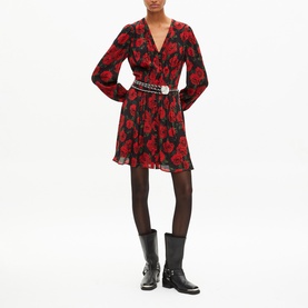 Pleated Rose Print Mini Dress