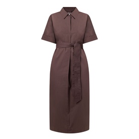 InWear Ellin Belted Shirt Dress in Dark Brown, midi length, point collar, short sleeves, self-tie waist belt, concealed placket