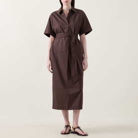 Model wearing InWear Ellin Belted Shirt Dress in Dark Brown, midi length with self-tie belt, short sleeves, styled with tan flat sandals