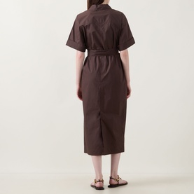 Model wearing InWear Ellin Belted Shirt Dress in Dark Brown, rear view showing self-tie belt, short sleeves, midi length and rear vent