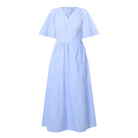 InWear Raelynn Striped Wrap Dress in light blue, V-neckline, flutter sleeves, side tie fastening, flared midi skirt, cotton