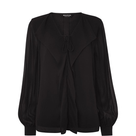 Whistles Sheer Frill Blouse in black with knot tie neckline, frill detail, and sheer long sleeves with buttoned cuffs