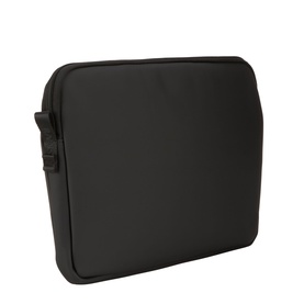 Rains Trail 14" Laptop Case in black with tonal zip fastening, logo webbing loop, and smooth polyester exterior