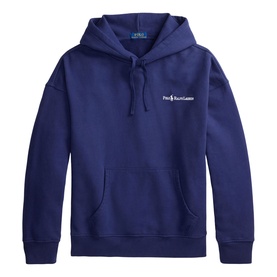 Ralph Lauren dark cobalt hoodie with front kangaroo pocket, drawstring hood, and embroidered Polo Ralph Lauren chest logo
