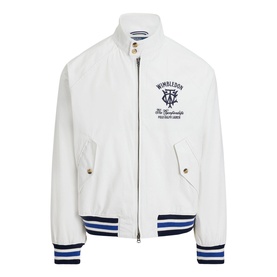 White zip-up bomber jacket with navy Wimbledon embroidery, ribbed striped cuffs and hem, snap button chest pockets