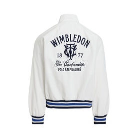 Polo Ralph Lauren white Wimbledon bomber jacket, navy graphic lettering on back, striped ribbed cuffs and hem in navy and blue
