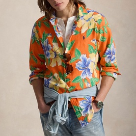 Tropical Floral Pony Logo Linen Shirt