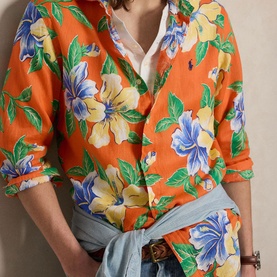 Tropical Floral Pony Logo Linen Shirt