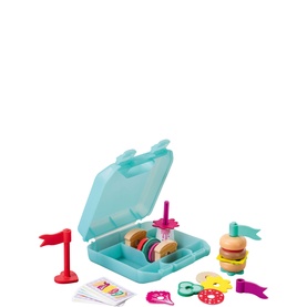 Ravensburger Stack & Play Set: Food Fun, multicoloured 32-piece food stacking game with teal lunchbox storage, skewers, and recipe cards