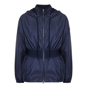 Moncler Liriope Logo Raincoat in navy, featuring drawstring hood, elasticated cuffs, and two-way zip front fastening